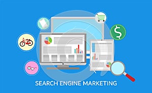 Seo marketing campaign,SEM, Business Search engine optimization. Internet Marketing search flat vector with icons and texts
