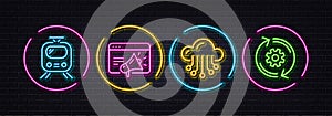 Seo marketing, Cloud storage and Train minimal line icons. For web application, printing. Neon laser 3d lights. Vector