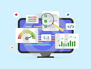 SEO marketing and digital analytics concept. Business data analysis with information dashboard, finance report, and statistics