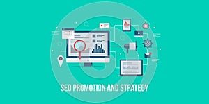 Seo marketing, digital media promotion, search optimization strategy, internet marketing concept. Flat design vector banner.