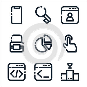 Seo marketing line icons. linear set. quality vector line set such as podium, programming language, programming language, touch,