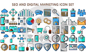 SEO and Marketing multicolored outline Icons set