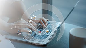 SEO, Marketing planning, Businessman search on virtual screen data search technology search engine optimization, Businessman use
