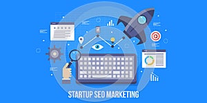 Startup business, search engine optimization, startup seo, growth hacking, boost startup concept. Flat design vector banner. photo