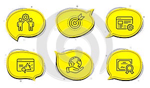 Seo marketing, Target purpose and Employees teamwork icons set. Web settings sign. Vector