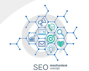 SEO mechanism concept. Abstract background with integrated gears and icons for strategy, digital, internet, network