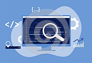 SEO Meta Data Optimization Concept. Vector illustration with hypertext code in blue color. HTTP Website Header Search engine