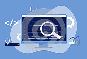 SEO Meta Data Optimization Concept. Vector illustration with hypertext code in blue color. HTTP Website Header Search photo