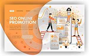 SEO Online Promotion Vector Web Concept. People optimizing promotion on search engine. Easy to use for website element, banner, la