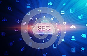 Seo-Optimization Collage With Word Seo And Internet Icons, Blue Background