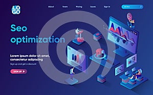 Seo optimization concept 3d isometric web landing page. People do research and analyze data, optimize site for search engine,