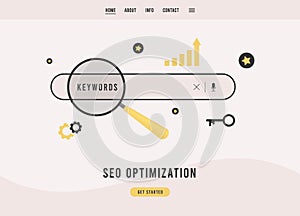 SEO Optimization concept. Search Engine Optimization digital marketing strategy. Flat design vector e-commerce landing