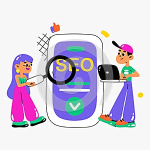 SEO optimization concept with male and female marketers working on website ranking, featuring large smartphone photo