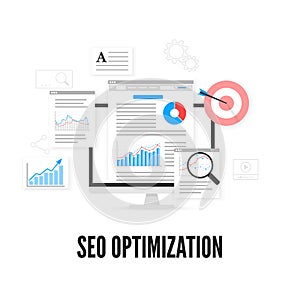 SEO optimization concept. Web analytics design. Search engine optimization. Vector illustration