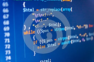 SEO optimization. HTML markup language closeup. JavaScript code in text editor.