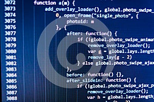 SEO optimization. HTML markup language closeup. JavaScript code in text editor.