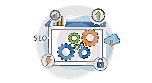 SEO Optimization Illustration Gears, Analytics, Cloud, Security