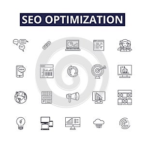 Seo optimization line vector icons and signs. seo, internet, website, marketing, search, web, business,engine outline