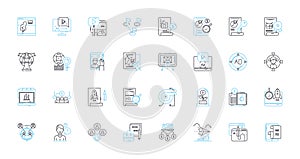 SEO optimization linear icons set. Keywords, Analytics, Content, Backlinks, Ranking, Meta-tags, Algorithm line vector