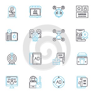 SEO optimization linear icons set. Keywords, Analytics, Content, Backlinks, Ranking, Meta-tags, Algorithm line vector