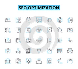 SEO optimization linear icons set. Keywords, Organic, Ranking, Traffic, Algorithm, Backlinks, SERP line vector and photo