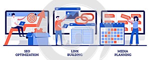 SEO optimization, link building, media planning concept with tiny people. Internet business development abstract vector