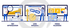 Seo optimization, link building, media planning concept with tiny people. Internet business development abstract vector