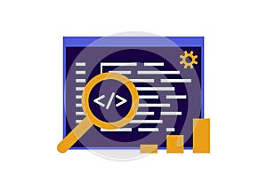 SEO optimization, meta data description. Script coding and programming on language, hypertext code. Search engine