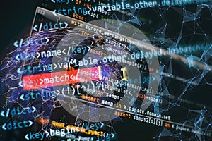 SEO optimization. Modern tech. PHP syntax highlighted. Writing programming functions on laptop. Big data and Internet of things
