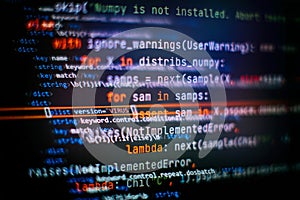 SEO optimization. Modern tech. PHP syntax highlighted. Writing programming functions on laptop. Big data and Internet of things