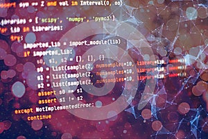 SEO optimization. Modern tech. PHP syntax highlighted. Writing programming functions on laptop. Big data and Internet of things