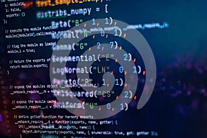 SEO optimization. Modern tech. PHP syntax highlighted. Writing programming functions on laptop. Big data and Internet of things