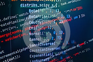 SEO optimization. Modern tech. PHP syntax highlighted. Writing programming functions on laptop. Big data and Internet of things