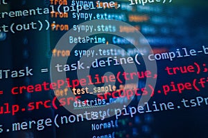 SEO optimization. Modern tech. PHP syntax highlighted. Writing programming functions on laptop. Big data and Internet of things