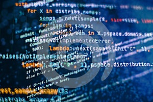 SEO optimization. Modern tech. PHP syntax highlighted. Writing programming functions on laptop. Big data and Internet of things