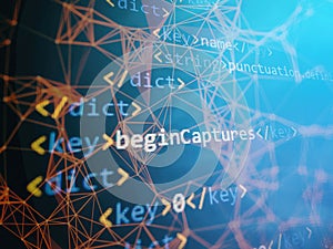 SEO optimization. Modern tech. PHP syntax highlighted. Writing programming functions on laptop. Big data and Internet of things