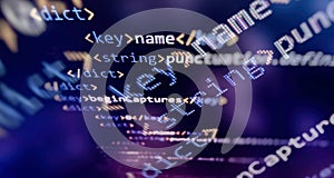 SEO optimization. Modern tech. PHP syntax highlighted. Writing programming functions on laptop. Big data and Internet of things
