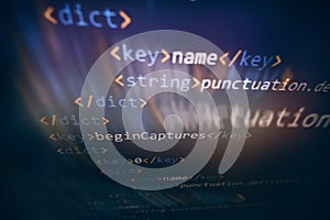 SEO optimization. Modern tech. PHP syntax highlighted. Writing programming functions on laptop. Big data and Internet of things