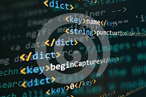 SEO optimization. Modern tech. PHP syntax highlighted. Writing programming functions on laptop. Big data and Internet of things