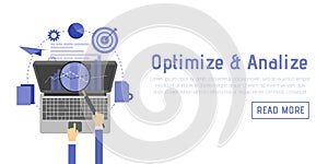 SEO optimization, programming process and web analytics elements in flat design