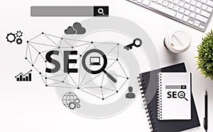 Seo Optimization Scheme With Web Icons, White Office Table Background