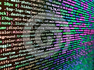 SEO optimization. Script on computer with source code. Coding application by programmer developer. Digital technology on display.