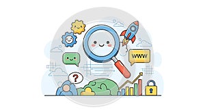 SEO Optimization, Search Engine, Website Analytics Cartoon Illustration