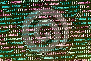 SEO optimization. Software abstract background. Coding script text on screen. Displaying program code on computer.