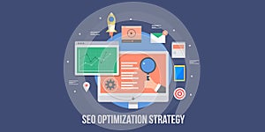 Seo optimization strategy, boost online business, search marketing, content optimization concept. Flat design vector banner.