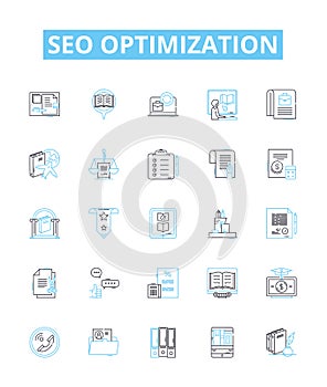 SEO optimization vector line icons set. SEO, optimization, ranking, content, visibility, backlinks, traffic illustration
