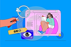 Seo optimization web concept with character scene. Woman making data and keywords research for search engine settings. People