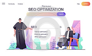 Seo optimization web concept for landing page. Man and woman set up search engine, keywords, search queries and website traffic