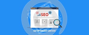 Seo optimized content - website content management, publication, marketing - social media content. Flat design vector banner.