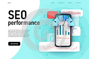 SEO performance, website optimization landing page concept with different graphics and interaction elements.